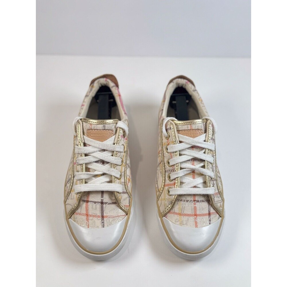 Coach Beige and Gold Plaid Sneakers - Picture 2 of 8